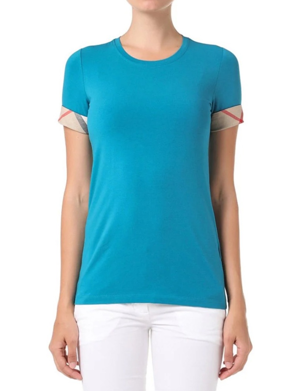Vintage Women’s Burberry 🩵🐎👗Turquoise Scoop Neck Checkcuff Short Sleeve Tee